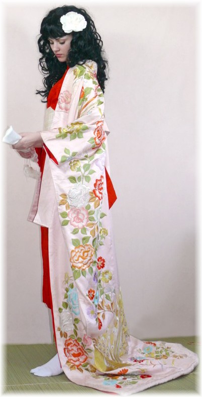 Japanese silk embroidered antique kimono, 1950's