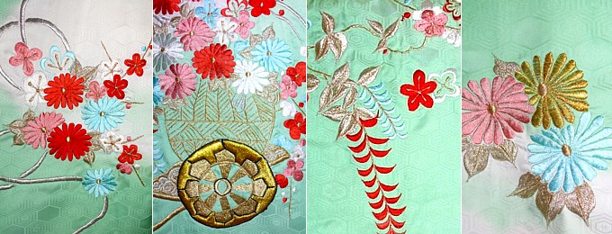 japanese traditional silk kimono. details of embroidery