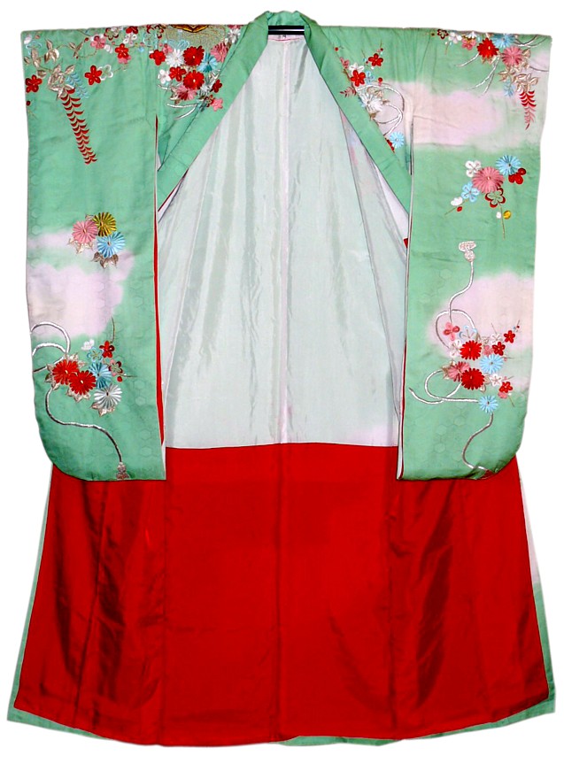 japanese silk embroidered kimono, vintage, 1950's
