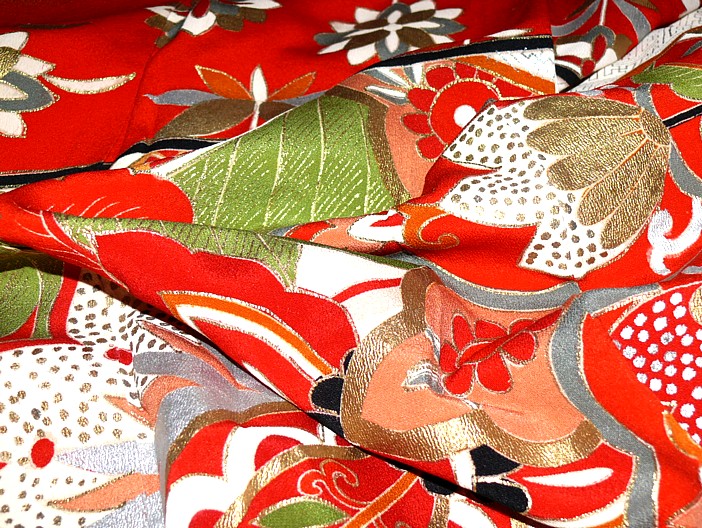 japanese antique kimono detail of hand painted silk fabric