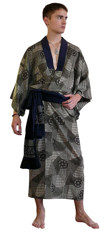 japanese man's traditional outfit: kimono and silk obi belt