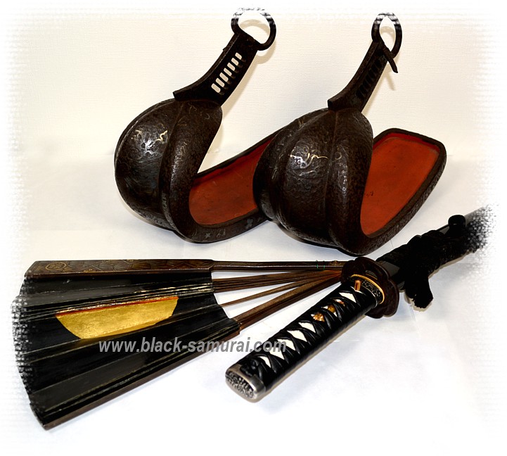 Samurai Art: pair of antique stirrups, battle fan tessen and katana sword
