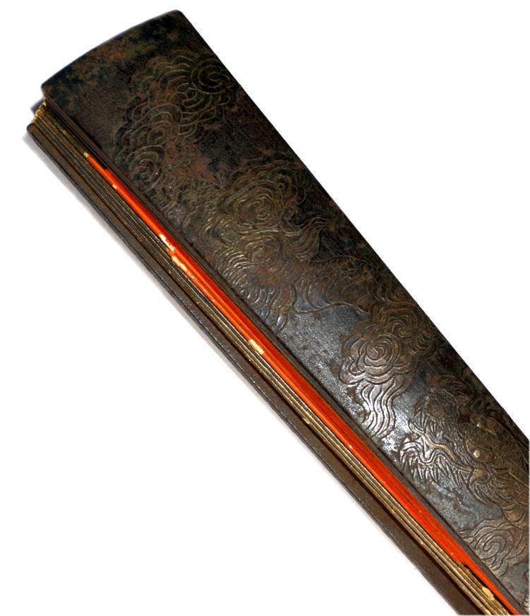 Tessen, Samurai Warrior Lord's iron battle fan with engraved image of  Dragon, detail