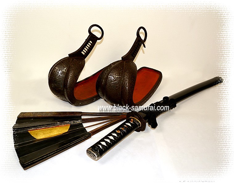 antique japanese horse-stirrups ABUMI, iron battle fan TESSEN and WAKIZASI sword