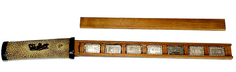 Japanese antique TANTO KOSHIRAE with hidden inside wooden case for seven silver bar-coins