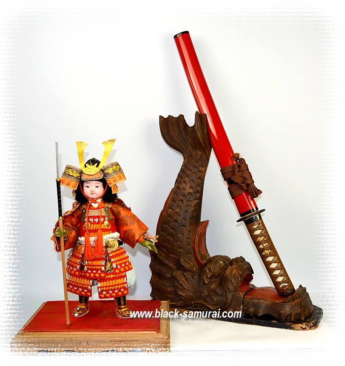 Japanese antique woden carved stand for katana or wakizashi sword in shape of DRAGON and Japanese samurai doll